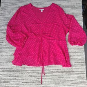 CATO PLUS SIZE 22/24W PINK POLKA DOT SWISS DOT V-NECK RUCHED PEPLUM BLOUSE TOP